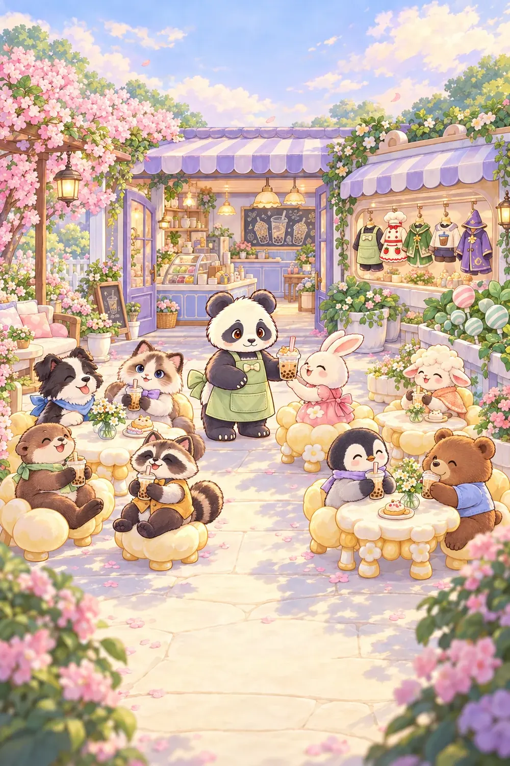 小满与八位动物顾客在手绘奶茶庭院里喝茶，橱窗展示熊猫服饰